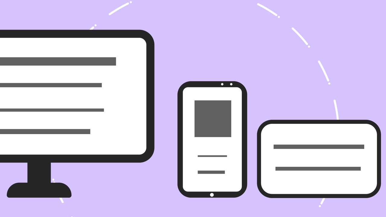 Vector icons with a modern phone beside a computer monitor and a credit card with gray lines on a purple background